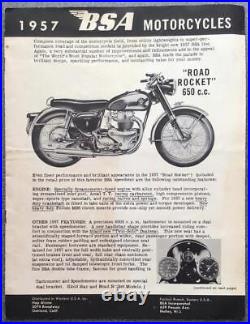 BSA Motorcycle RANGE USA Sales Brochure For 1957 ROAD ROCKET Golden Flash BANTAM